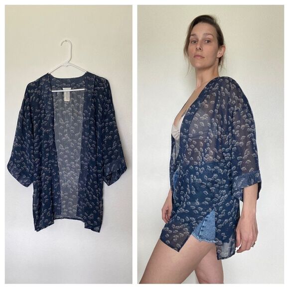Lucky Brand Swim Kimono Coverup Navy Cream Vacation Beach Sheer - Picture 7 of 9